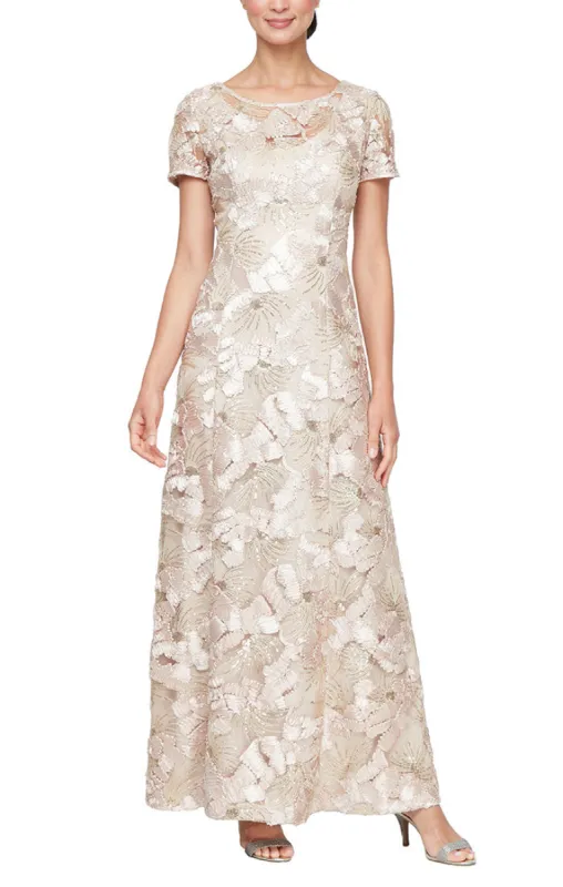 Petite Long Soutache A-Line Dress with Short Sleeves and Illusion Neckline sold by Alex Evenings