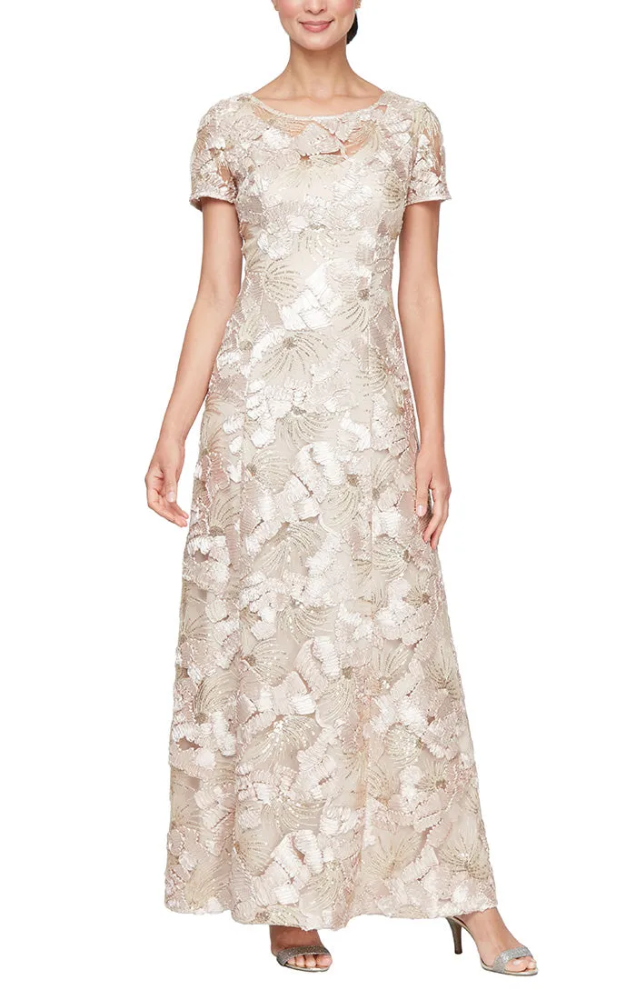 Petite Long Soutache A-Line Dress with Short Sleeves and Illusion Neckline sold by Alex Evenings