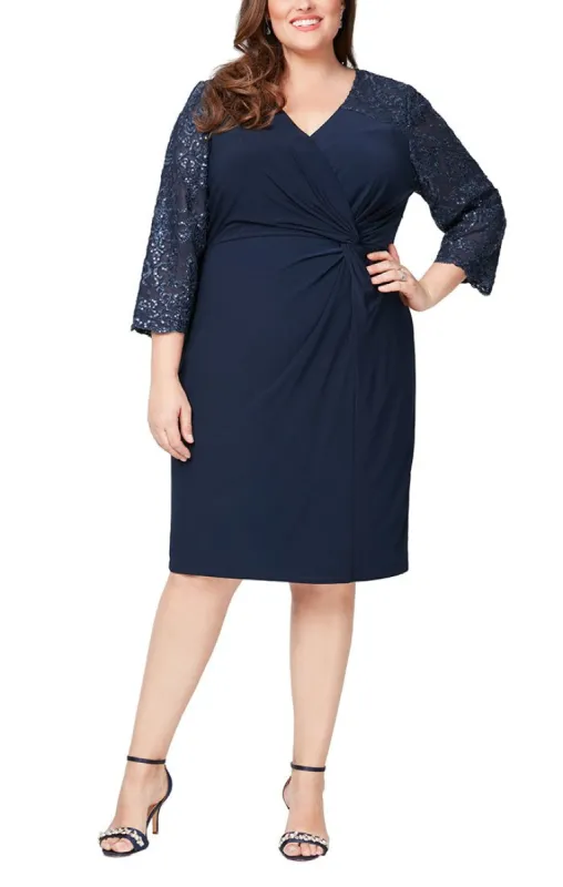 Plus Short Surplice Neckline Sheath Dress With Embroidered Illusion Neckline/Sleeve and Knot Front Detail sold by Alex Evenings