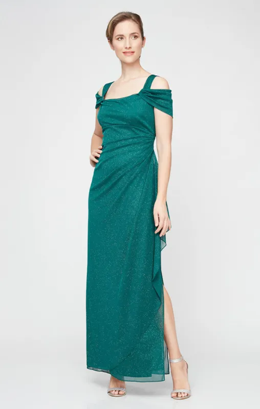 Petite Cold Shoulder Glitter Mesh Dress with Draped Skirt & Cowl Neckline sold by Alex Evenings