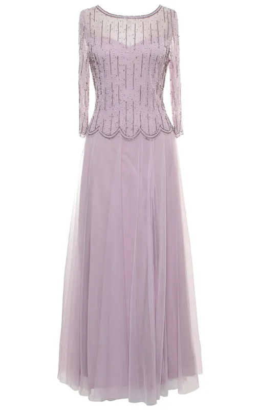 Long Hand Beaded Mock Dress with Illusion Neckline, 3/4 Sleeves and Tulle Full Skirt sold by Alex Evenings