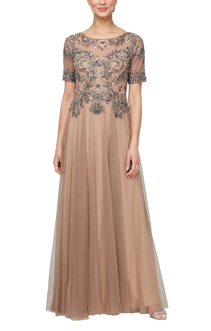 Long A-Line Hand Beaded Mock Dress with Illusion Neckline and Elbow Sleeves sold by Alex Evenings