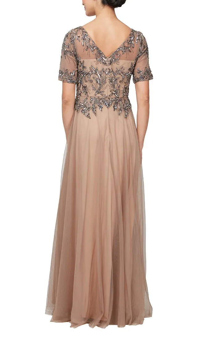Long A-Line Hand Beaded Mock Dress with Illusion Neckline and Elbow Sleeves sold by Alex Evenings product image thumbnail 2