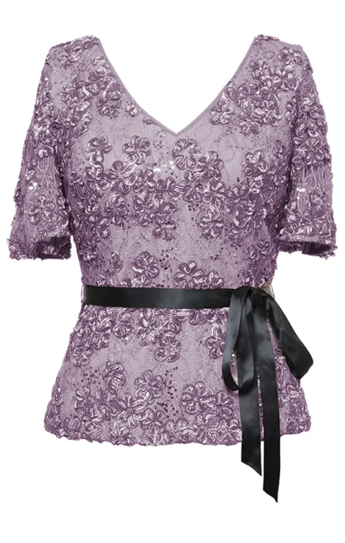 Short Sleeve Lace Soutache Blouse with V-Neckline, Cold Shoulder Sleeves and Tie Belt sold by Alex Evenings