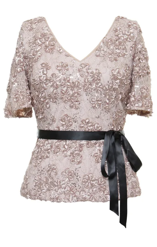 Petite 3/4 Sleeve Soutache Blouse with Puff Shoulder Sleeve Detail, Illusion Neckline and Tie Belt sold by Alex Evenings