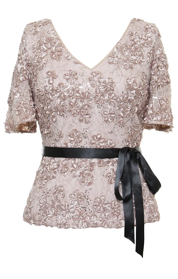 Petite 3/4 Sleeve Soutache Blouse with Puff Shoulder Sleeve Detail, Illusion Neckline and Tie Belt sold by Alex Evenings
