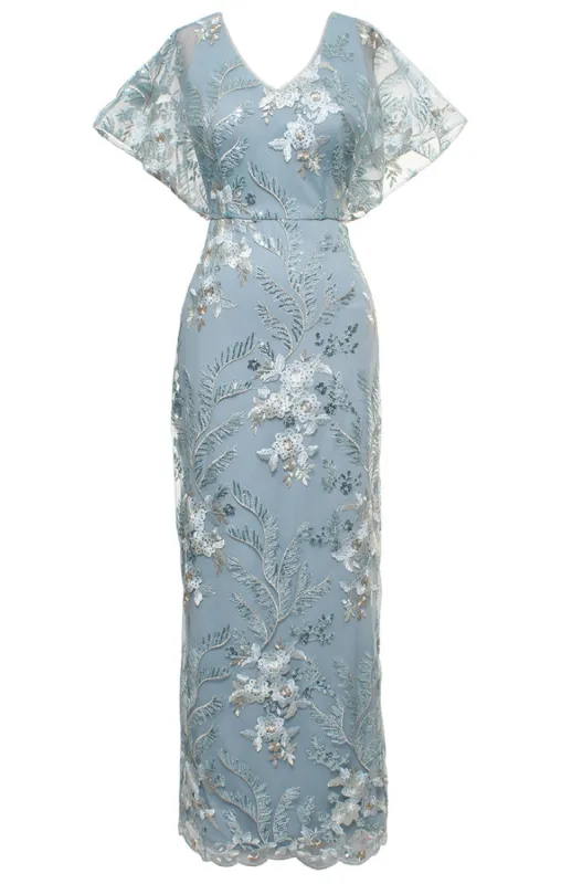 Long V-Neck Embroidered Dress with Kimono Inset Sleeve sold by Alex Evenings