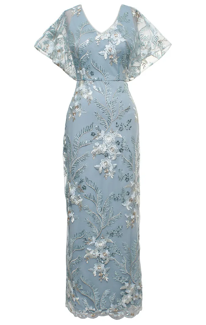 Long V-Neck Embroidered Dress with Kimono Inset Sleeve sold by Alex Evenings