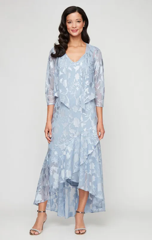 Chiffon Jacket Dress with High/Low Tulip Hem Skirt & Open Cascade Jacket sold by Alex Evenings