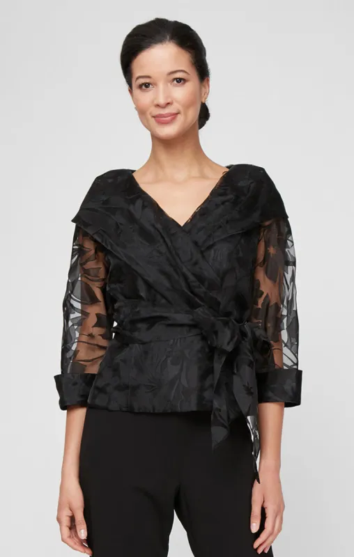 Portrait Collar Organza Blouse with Illusion Sleeves & Belt sold by Alex Evenings