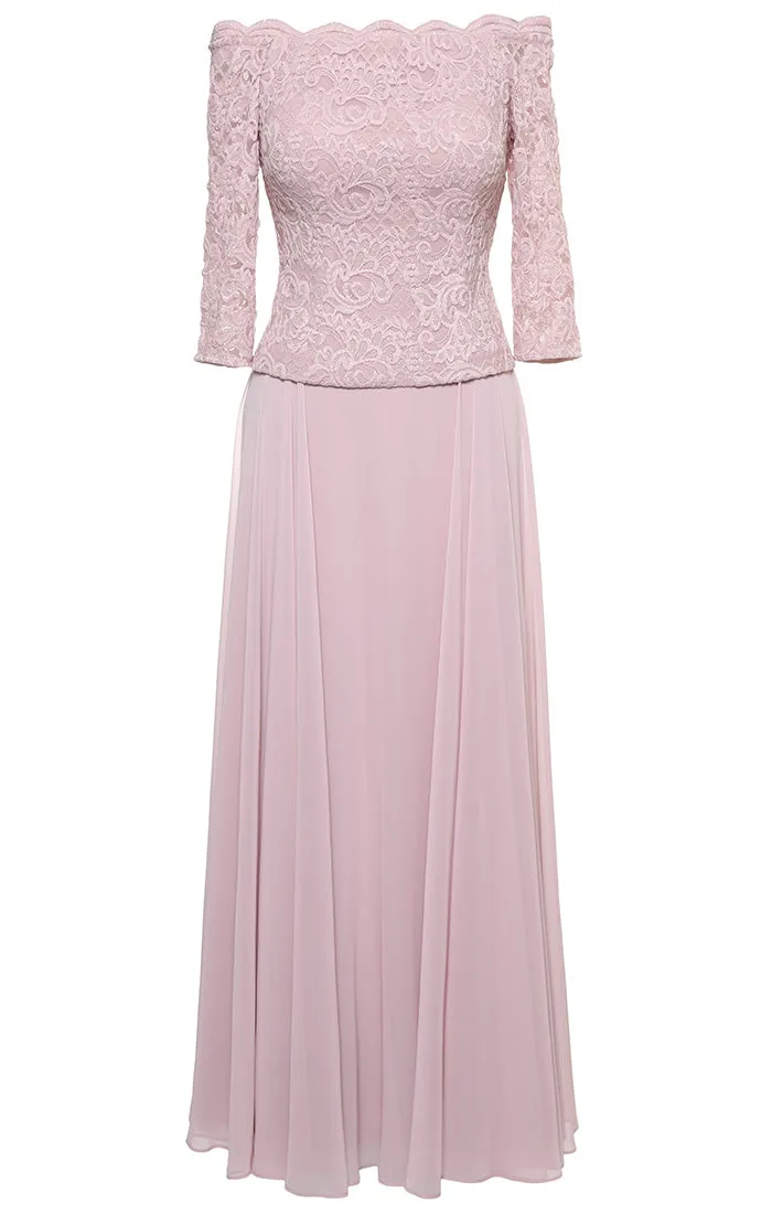 Petite Long Stretch Lace Off the Shoulder Mock Dress with Scallop Neckline Detail and Chiffon Full Skirt sold by Alex Evenings