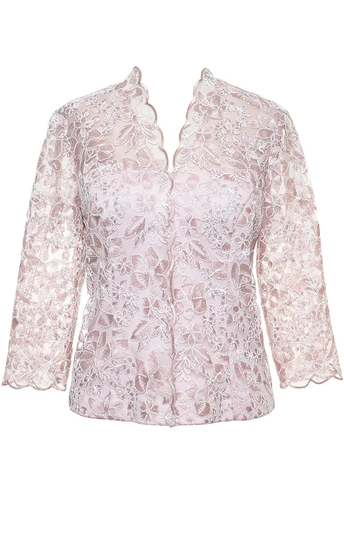 3/4 Sleeve Corded Embroidered Blouse with Center Front Scallop Detail and Illusion Sleeves sold by Alex Evenings