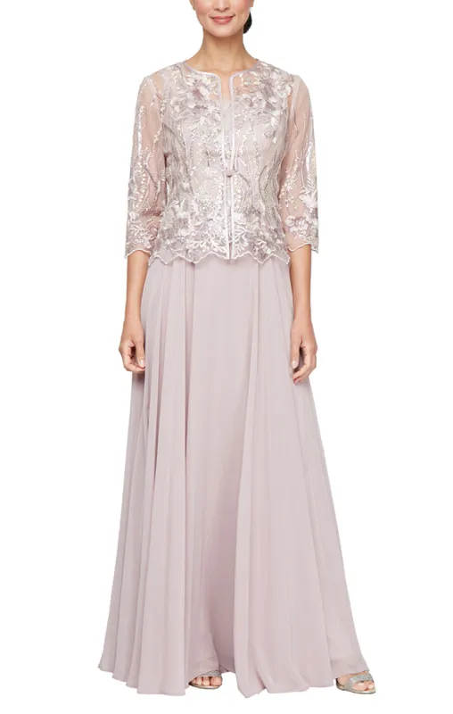 Long Sequin Embroidered Mock Jacket Dress with Center Front Closure Jacket and Full Skirt made by Alex Evenings