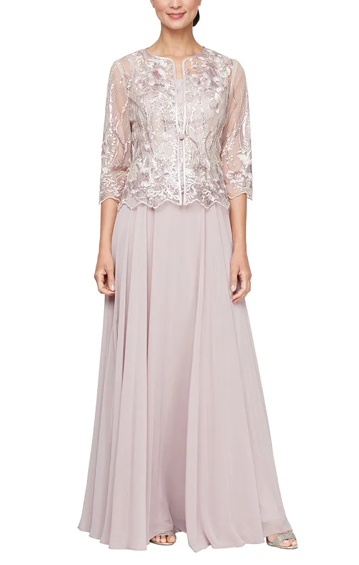 Long Sequin Embroidered Mock Jacket Dress with Center Front Closure Jacket and Full Skirt sold by Alex Evenings