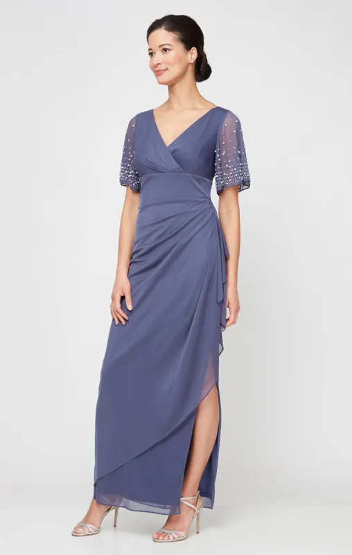 Long Empire Waist Dress with Surplice Neckline and Embellished Flutter Sleeves sold by Alex Evenings