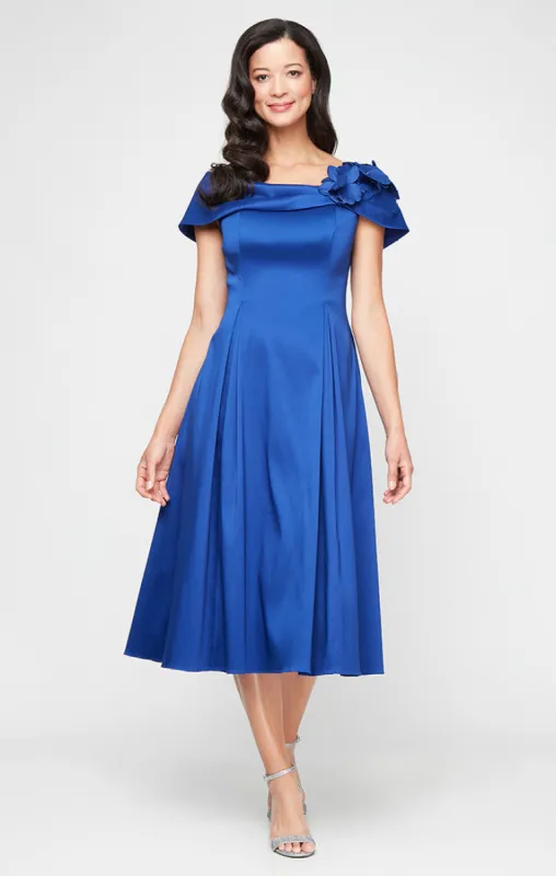 Midi Mikado A-Line Dress with 3-D Floral Shoulder Detail sold by Alex Evenings