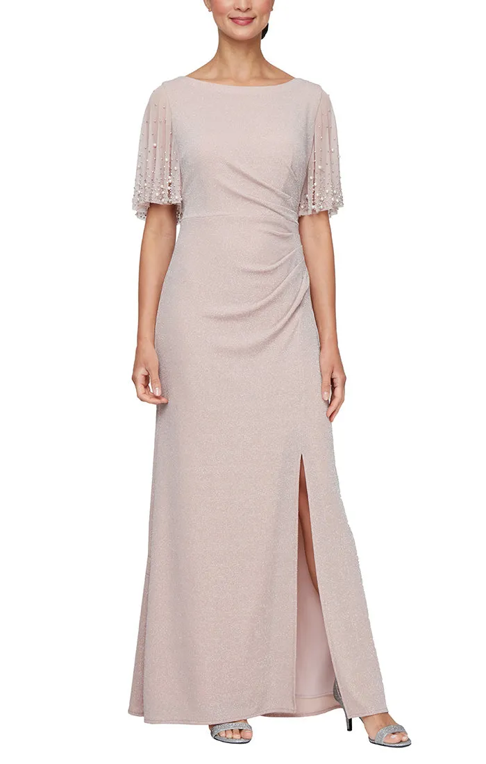 Petite Long Embellished Flutter Sleeve Metallic Knit Dress With Ruched Waist Detail and Front Slit sold by Alex Evenings