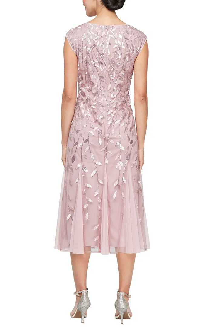 Petite Midi Embroidered Dress with Illusion Neckline and Godet Detail Skirt sold by Alex Evenings