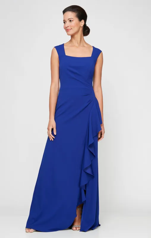 Petite Long Square Neck Dress with Cascade Ruffle Detail sold by Alex Evenings