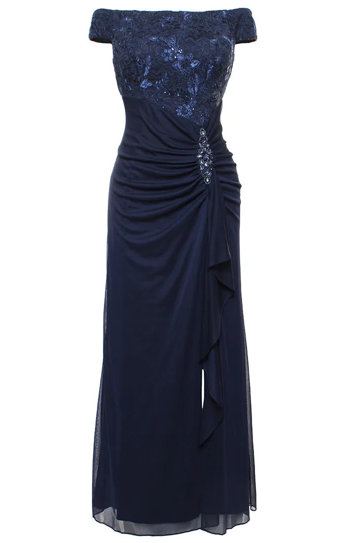 Petite Long Embroidered Lace Off the Shoulder Dress with Gathered Detail Mesh Skirt and Embellishment Detail sold by Alex Evenings