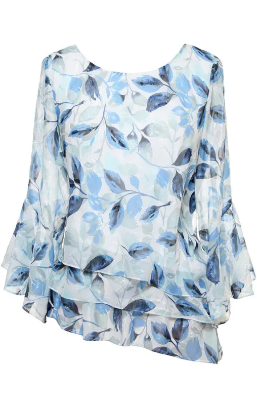 Printed Chiffon Burnout Blouse with Asymmetric Triple Tier Hem and Bell Sleeves sold by Alex Evenings