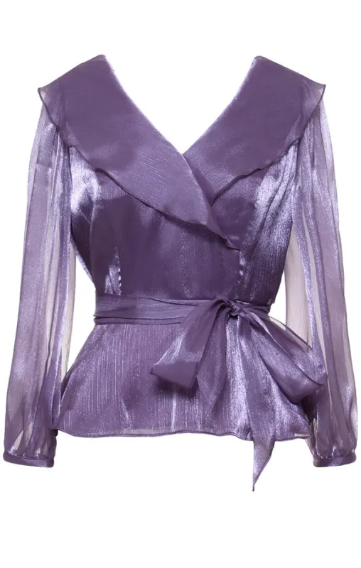 Petite 3/4 Sleeve Organza Blouse with Portrait Collar Neckline, Illusion Sleeves and Tie Waist sold by Alex Evenings