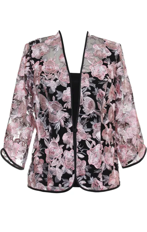 3/4 Sleeve Embroidered Twinset with Solid Matte Jersey Scoop Neck Tank and Center Front Button Closure Jacket sold by Alex Evenings