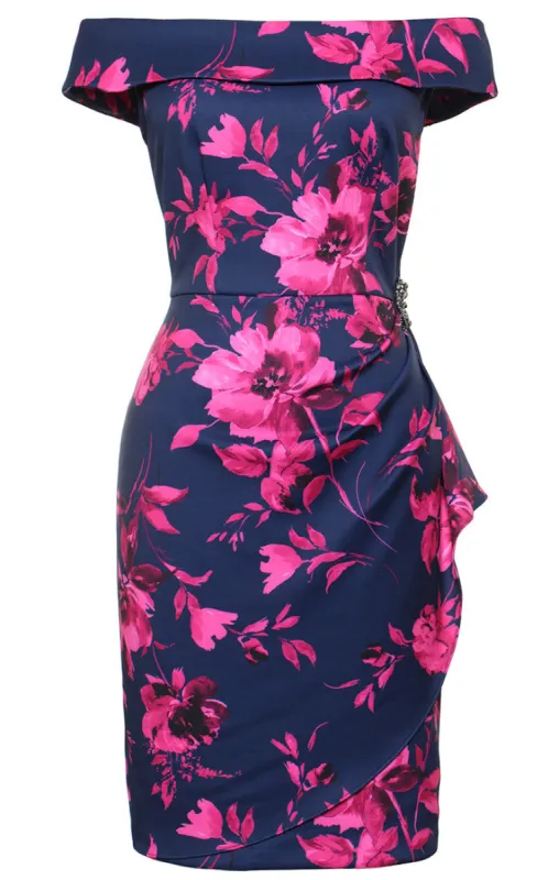Short Printed Stretch Scuba Crepe Sheath Dress with Embellished Detail at Hip and Cascade Detail Skirt sold by Alex Evenings