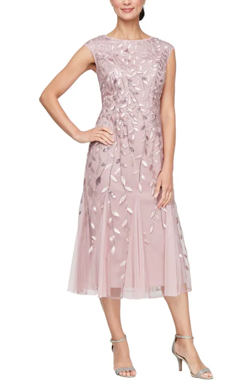 Midi Embroidered Dress with Illusion Neckline and Godet Detail Skirt sold by Alex Evenings