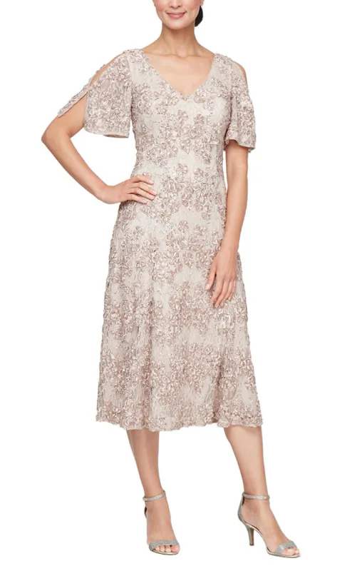 Tea-Length V-Neck Soutache Dress with A-Line Skirt and Cold Shoulder Sleeves sold by Alex Evenings