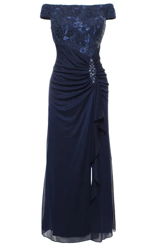 Long Embroidered Lace Off the Shoulder Dress with Gathered Detail Mesh Skirt and Embellishment Detail sold by Alex Evenings