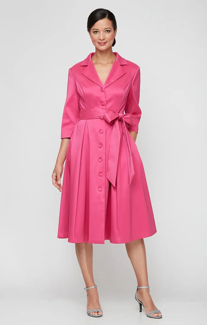 Regular - Midi Mikado A-Line Dress with Button Front Detail, Collar Neckline and Tie Belt sold by Alex Evenings
