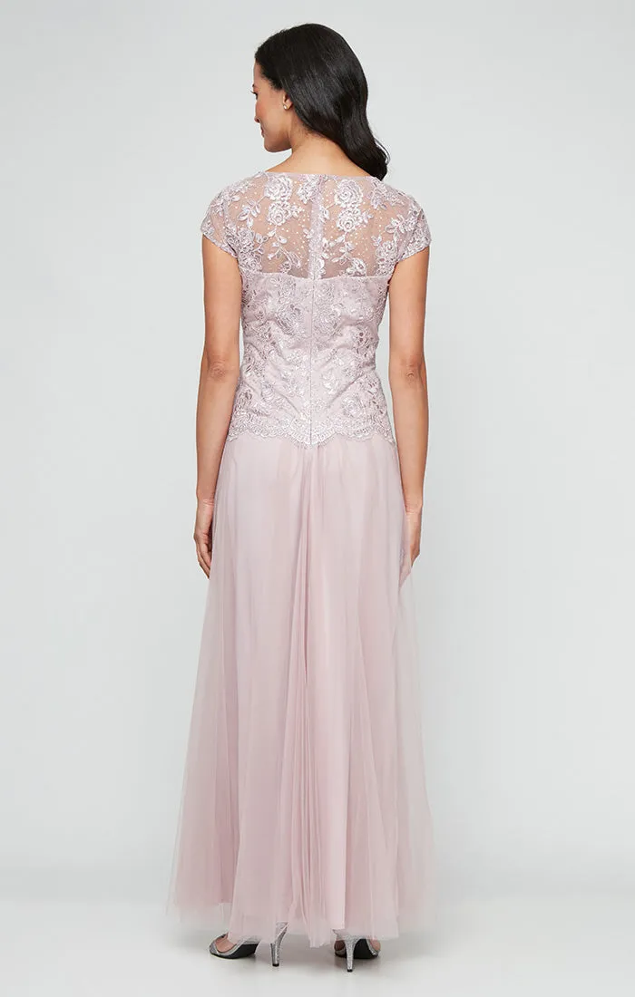 Long Embroidered Mock Dress with V-Neckline, Cap Sleeves and Full Tulle Skirt sold by Alex Evenings product image thumbnail 2