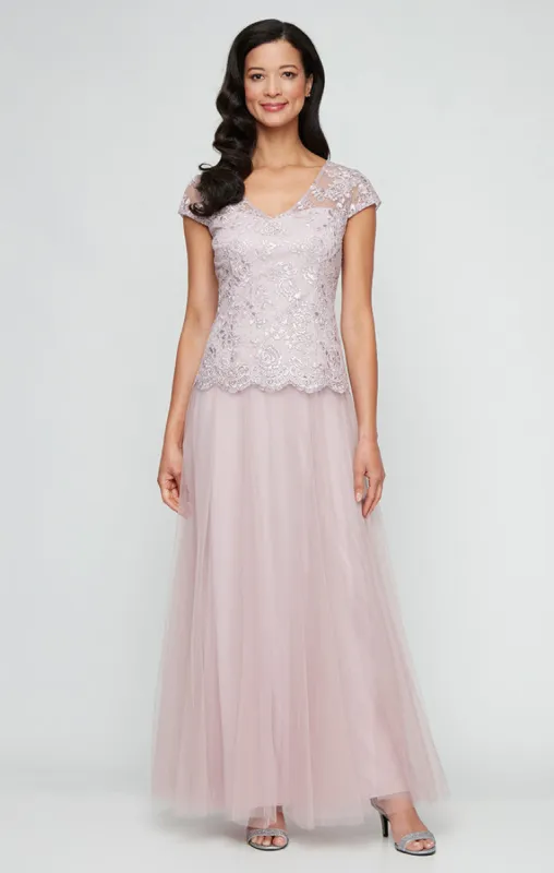 Long Embroidered Mock Dress with V-Neckline, Cap Sleeves and Full Tulle Skirt sold by Alex Evenings