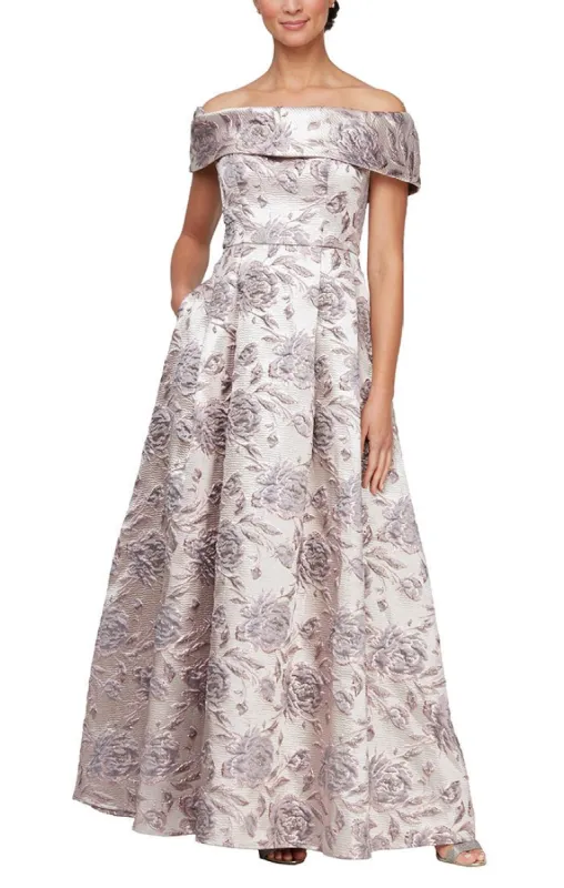 Floral Metallic Brocade Off-the-Shoulder Ballgown with Pockets made by Alex Evenings