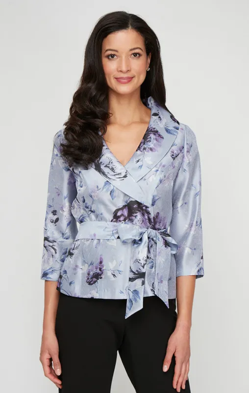 3/4 Sleeve Printed Organza Blouse with Portrait Collar and Tie Belt sold by Alex Evenings