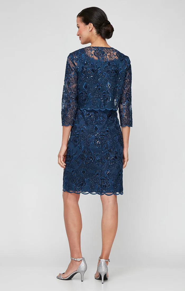 Petite Short Embroidered Sheath Jacket Dress with Scoop Neckline and Hook Neck Closure Jacket sold by Alex Evenings product image thumbnail 3