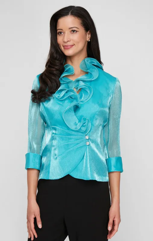 3/4 Sleeve Yoryu Chiffon Side Closure Blouse with Ruffle Neckline and Illusion Sleeves sold by Alex Evenings
