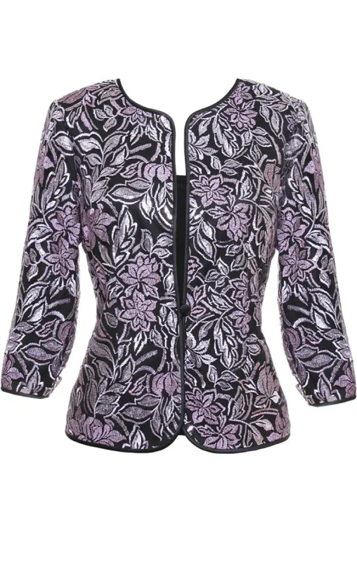 3/4 Sleeve Embroidered Twinset with Solid Matte Jersey Scoop Neck Tank and Center Front Closure Jacket sold by Alex Evenings