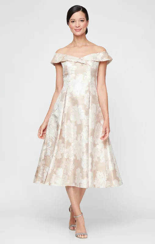 Midi Printed Jacquard Off the Shoulder Dress with Full Skirt sold by Alex Evenings