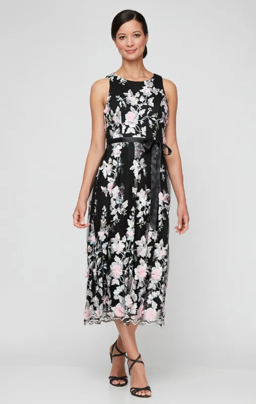 Petite Midi Embroidered Sleeveless Dress with Scallop Hem Detail and Tie Belt sold by Alex Evenings