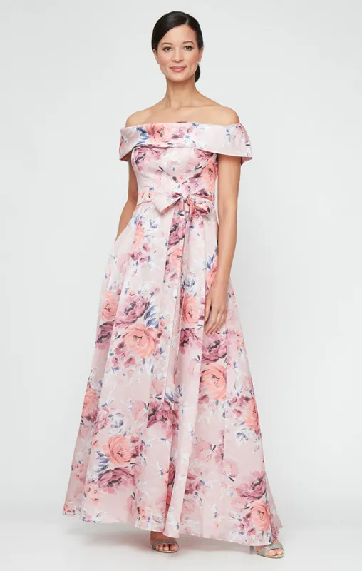 Long Printed Shimmer Organza Off the Shoulder Dress with Tie Belt made by Alex Evenings