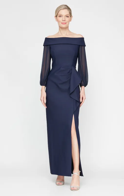 *Long Off the Shoulder Mikado Dress with Sash Waist Detail sold by Alex Evenings