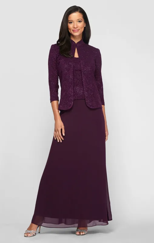 Regular - Glitter Jacquard Knit Jacket Dress with Mandarin Neckline sold by Alex Evenings