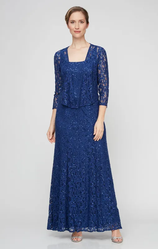 Sequin Lace Long A-Line Dress with 3/4 Sleeve Illusion Jacket sold by Alex Evenings