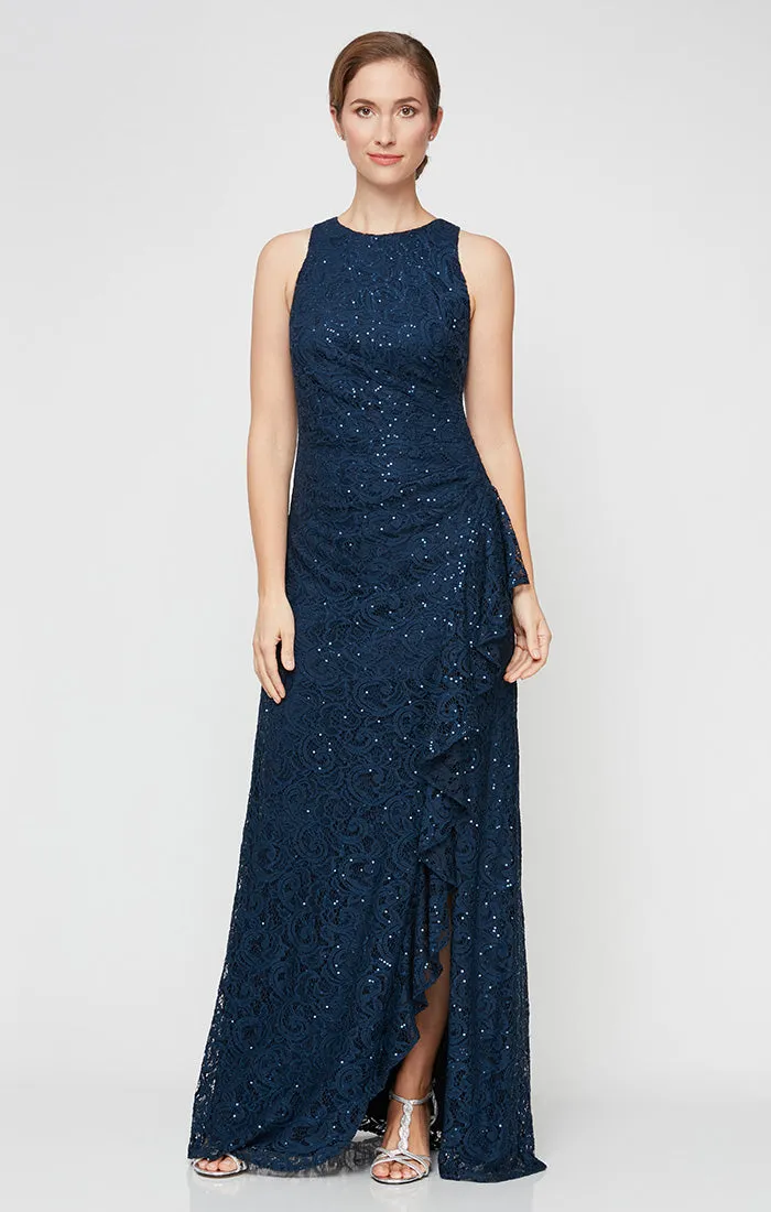 Regular - Long Sleeveless Lace Dress with Cascade Ruffle Front Slit Detail sold by Alex Evenings