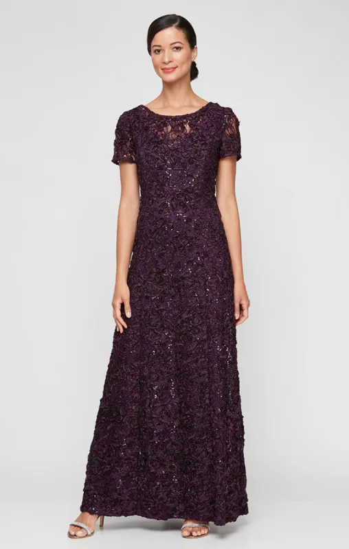 Regular - Long Soutache A-Line Dress with Short Sleeves and Illusion Neckline sold by Alex Evenings