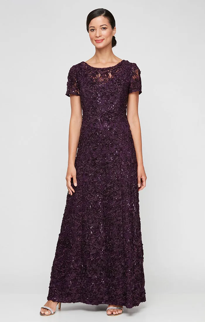 Regular - Long Soutache A-Line Dress with Short Sleeves and Illusion Neckline sold by Alex Evenings