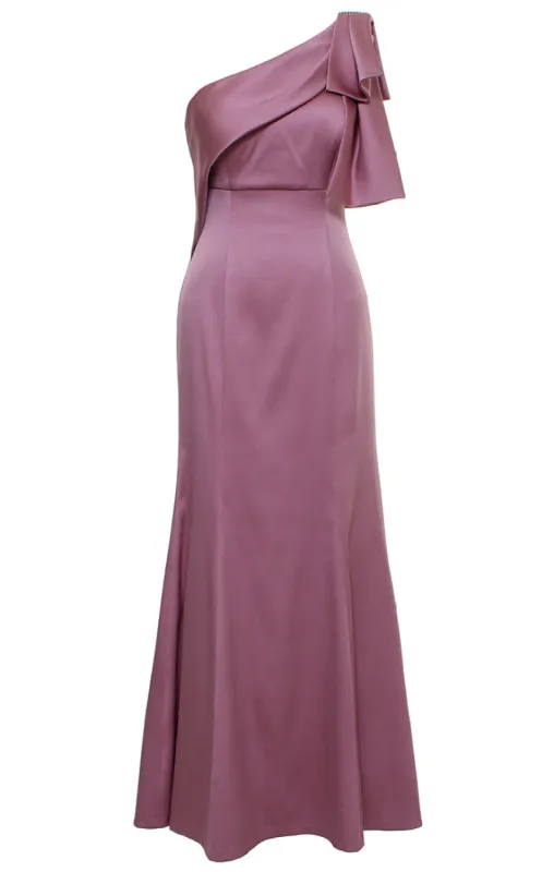 *Long One Shoulder Fit and Flare Dress with Embellished Bow Shoulder Detail sold by Alex Evenings
