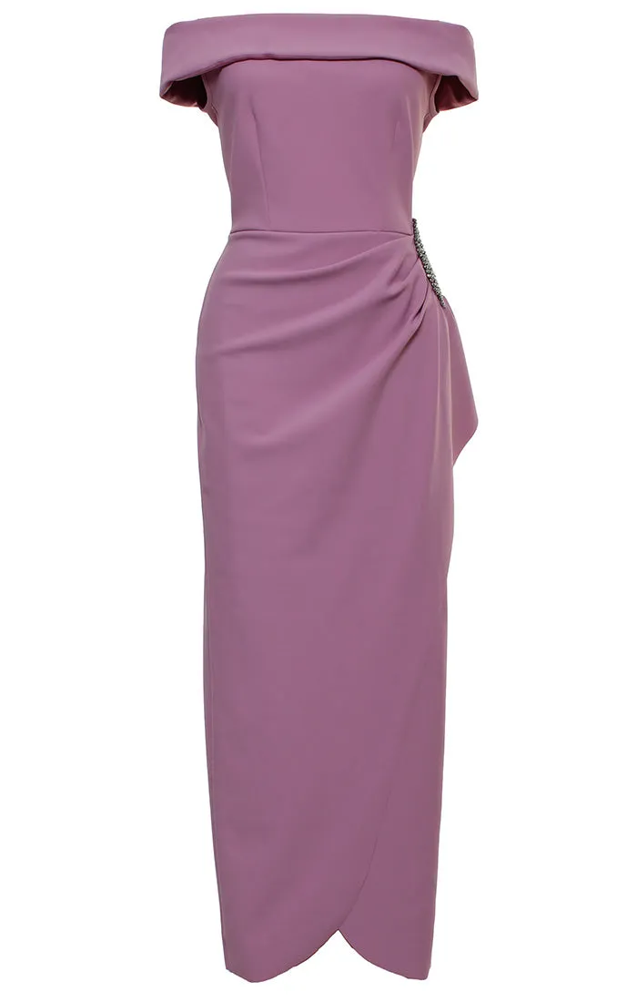 *Off-the-Shoulder Compression Dress with Cascade Ruffle Skirt & Embellishment sold by Alex Evenings